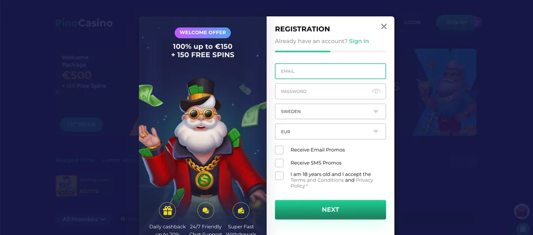 Pino casino Registratie voer het e-mailadres